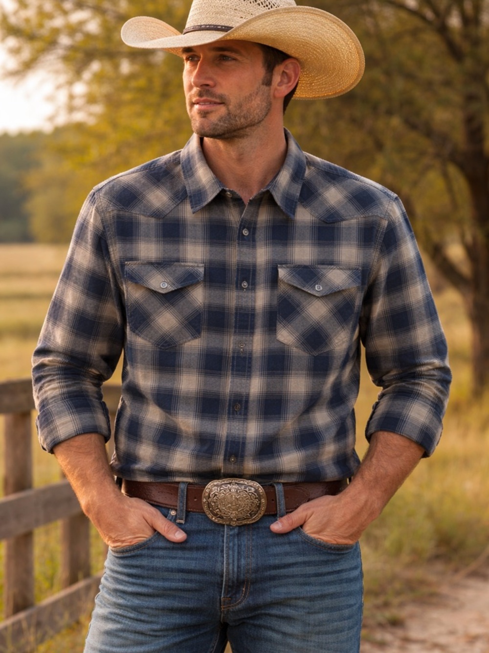 Wrangler Men's Blue and Cream Plaid Western Shirt